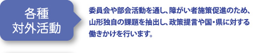 各種対外活動 | 委員会や部会活動を通し、障がい者施策促進のため、山形独自の課題を抽出し、政策提言や国・県に対する働きかけを行います。